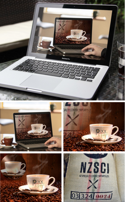 Fotomontage mit Kaffeetassem Kaffebohnen und Jutesack